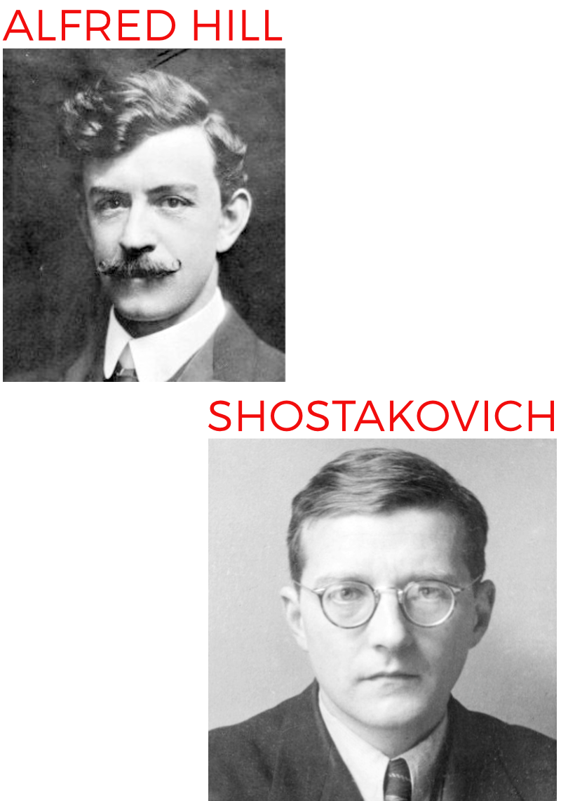Portrait images of Alfred Hill and Dmitri Shostakovich